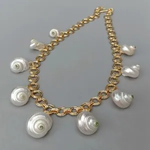 Authentic 23" Natural White Sea Shell Gold Plated Chain Charm Necklace