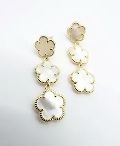 Authentic ELEGANT 18kt Gold Plated Mother Pearl Shell Triple 5 Petal Flower Post Earrings