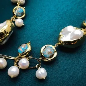 Authentic Mother Of Pearl Shell Cultured Pearl Blue Murano Glass Gold Plated Neckace