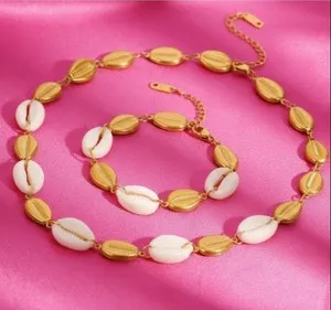 Authentic 18K Gold-plated & Natural Shell Necklace & Bracelet Set Adjustable Beach Jewelry