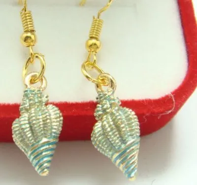 Authentic Pretty Gold Plated Blue Enamel Conch Shell Drop Dangle Earrings