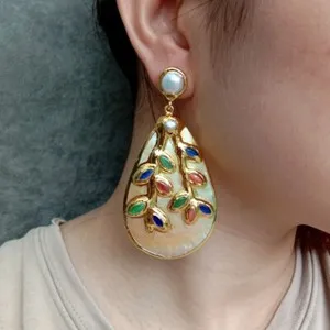 Authentic Radiant Tides Drop Earrings of Golden Shell and Multi-Color Agate