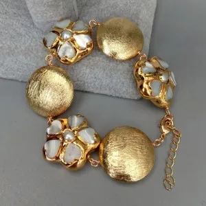 Authentic Golden Petals of Serenity: 8" White Sea Shell Flower Coin Bead Bracelet
