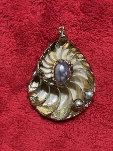 Authentic Gold Plated Nautilus Shell With Faux Pearls Pendant One Of A Kind