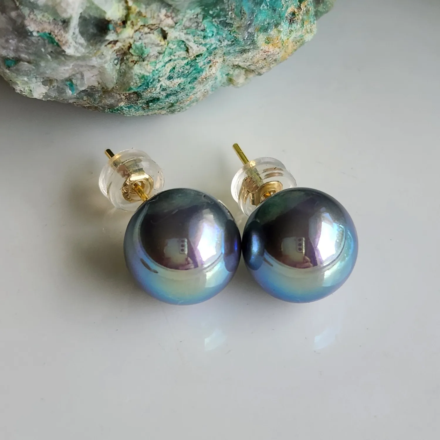Authentic Sea Shell Akoya Gray Color 10mm Pearl Stud Earrings 925 Silver 14k Gold-Plated