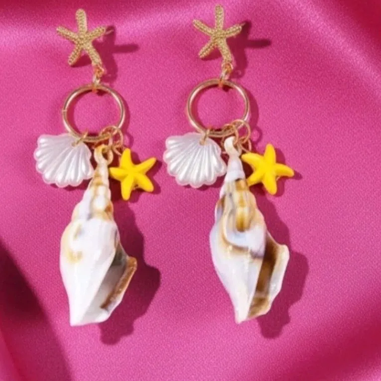 Authentic Tides of Illumination: Gold-Plated Starfish and Natural Shell Talismanic Earrings