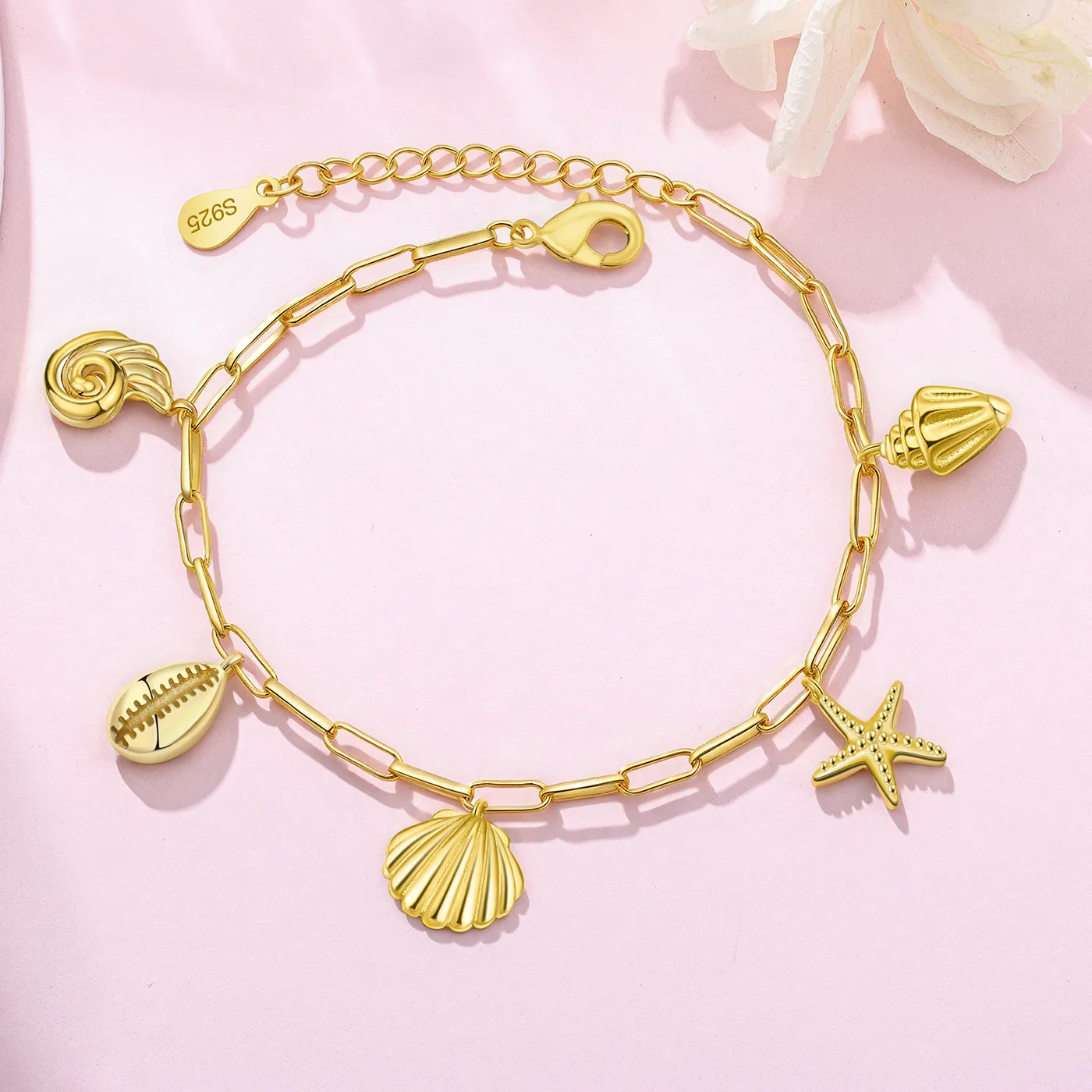 Authentic Orstarry S925 Sterling Silver Sea Shell Sea Star Bracelet Chain 18K Gold-plated Adjustable Bracelet Chain Charms Jewelry