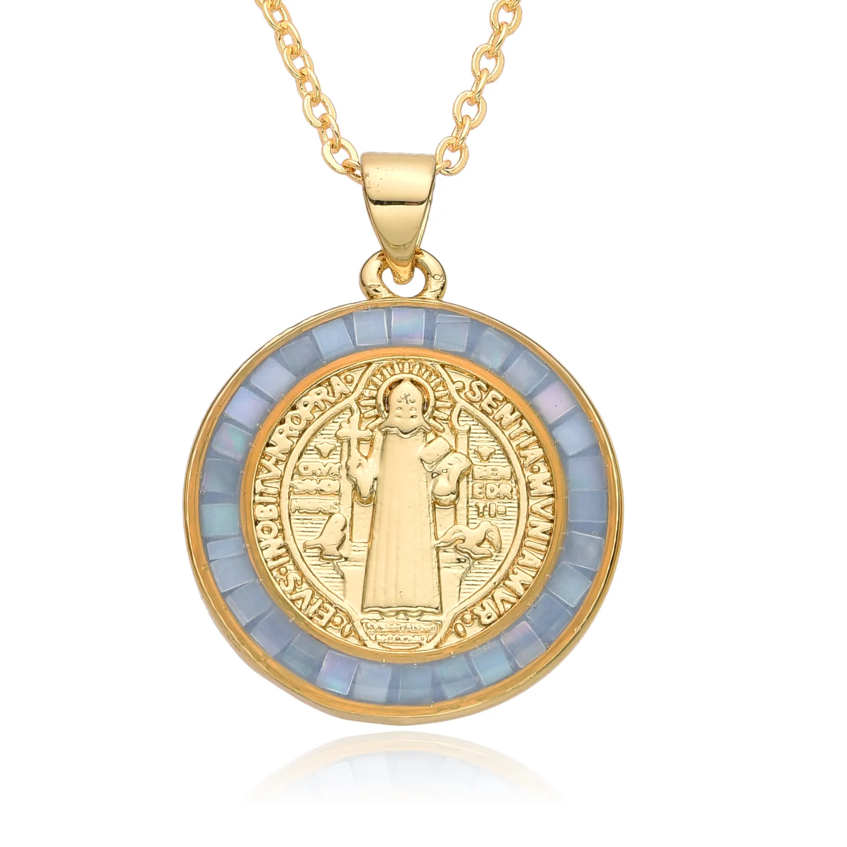 Authentic Gold Plated Saint Benedict Round Charms Colorful Shell Edges Benedictus Medal Necklace for Women DIY Catholic Jewelry Pendant
