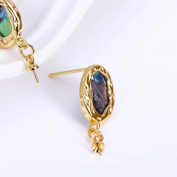 Authentic 18K Gold Plated Oval Post Earring Fittings With Pearl Pendant Mounting,Natural Abalone Shell Stud Earring Findings