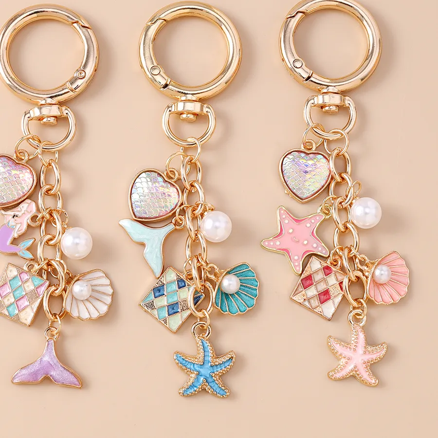 Authentic Summer Beach Mermaid Shell Starfish Keychain Women Girls Pearl Love Heart Key Ring Pendants for Handbag Decor DIY Jewelry Gifts