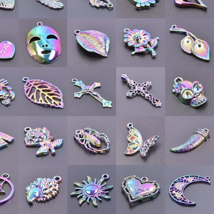 Authentic 10pcs Rainbow Charm Moon Cross Flower Trend Skull Pendants Charms for Jewelry Making Necklace DIY Leaf Earrings Supplies
