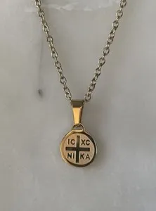 Authentic 18K Gold Plated Mini Pendant IC XC NIKA Orthodox Greek Cross Coin 20” Necklace