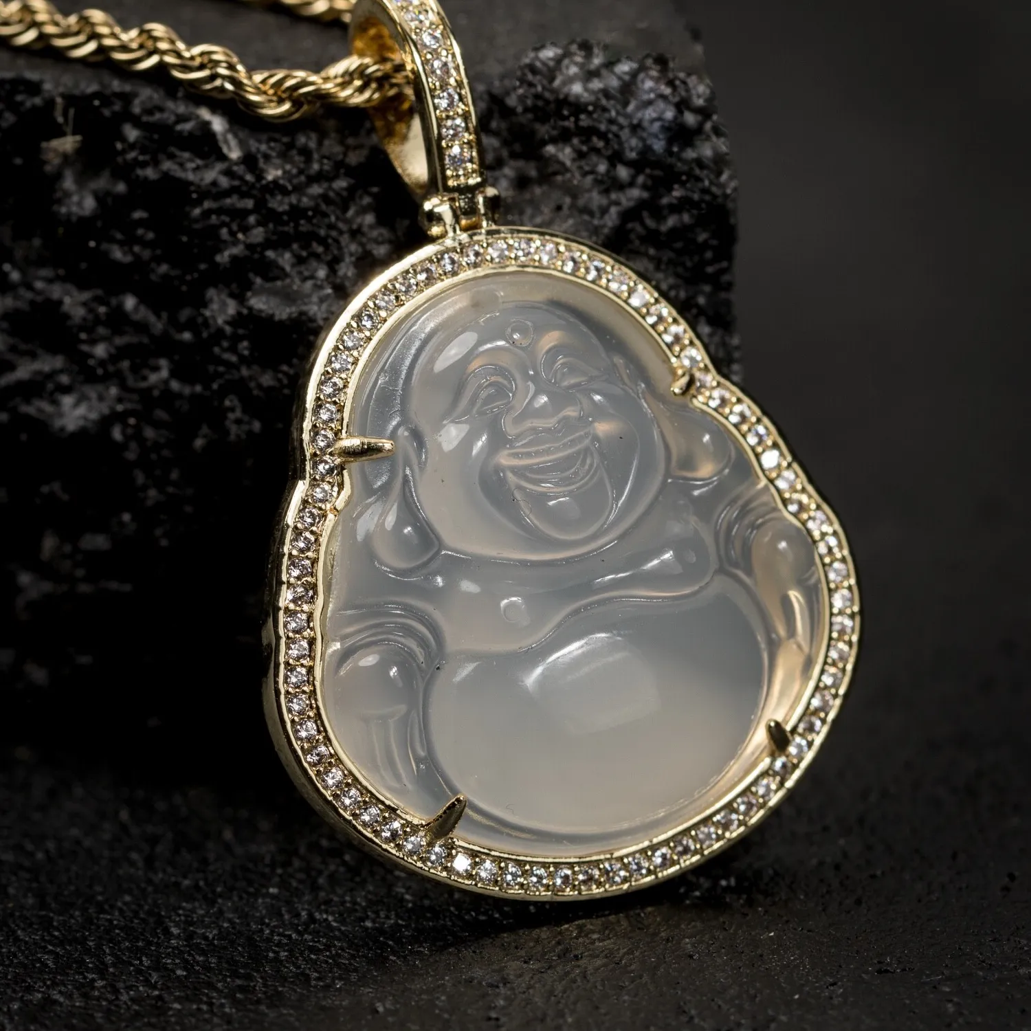 Authentic 14K Gold Plated Iced Clear White Jade Mini Buddha Pendant & Chain Necklace Set