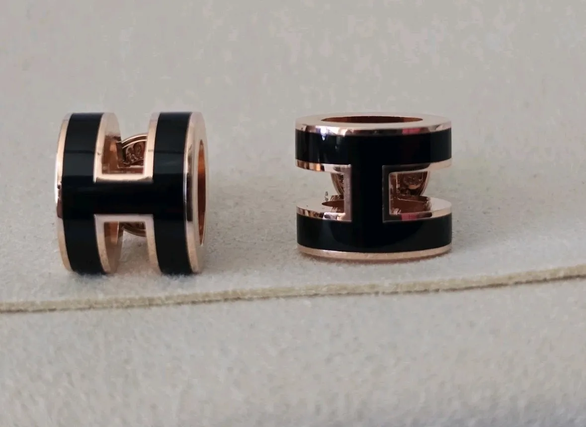 Authentic Hermès Mini Pop H Black Lacquer and Rose Gold Studs