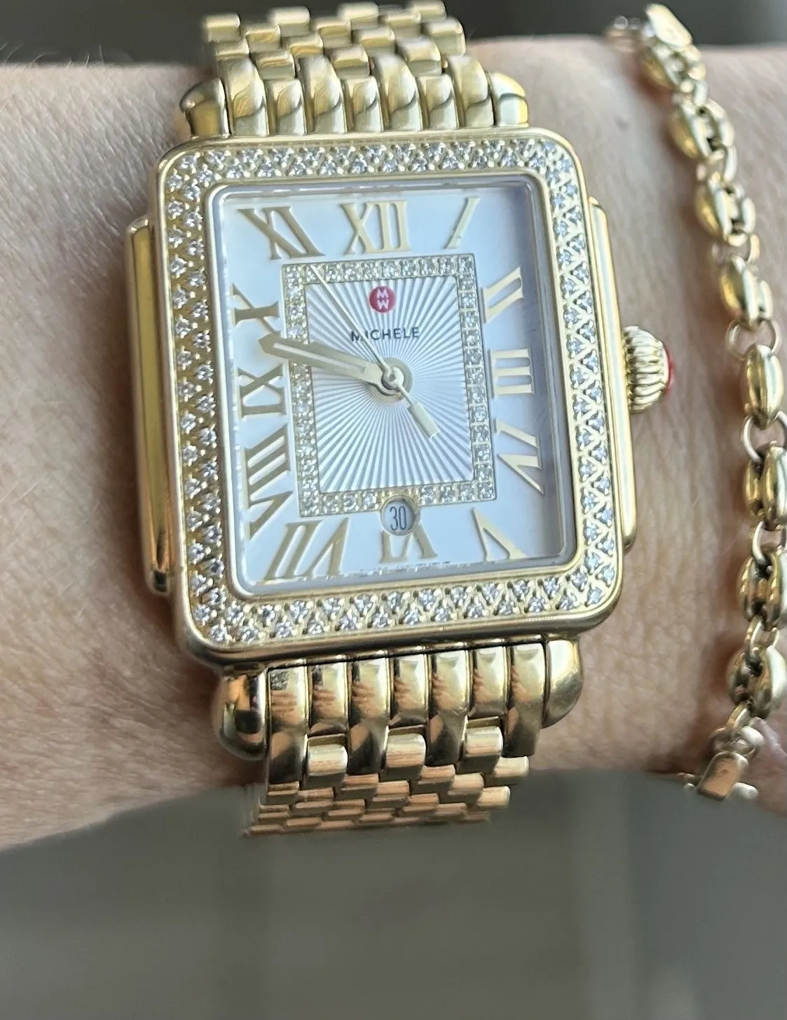 Authentic Michele Deco Madison Mini Diamond 18K Gold-Plated Watch MWW06D000173