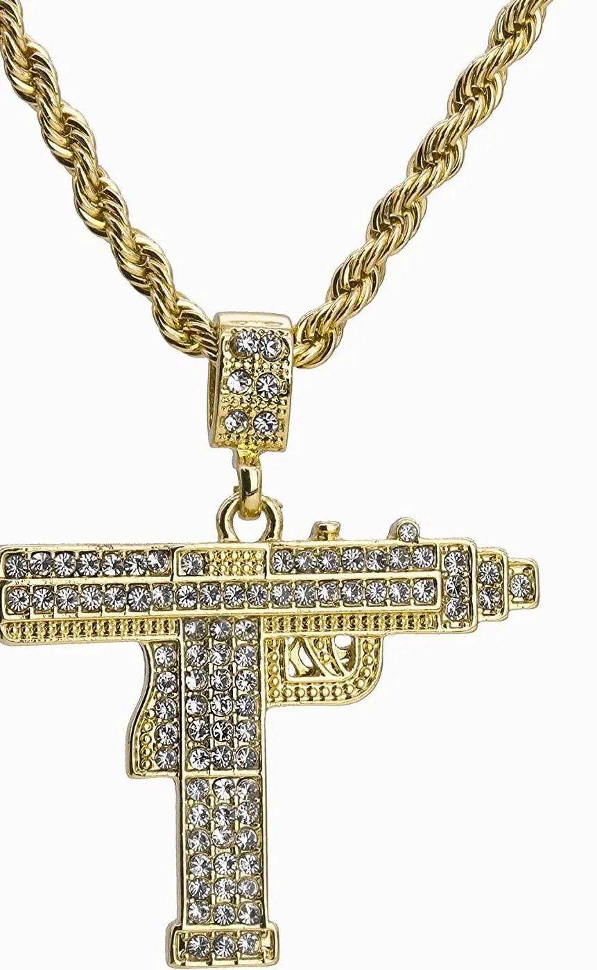 Authentic Mini Uzi Gun Pendant Cubic Zirconia 24" Rope Chain Men's Hip Hop 18k Gold Plated
