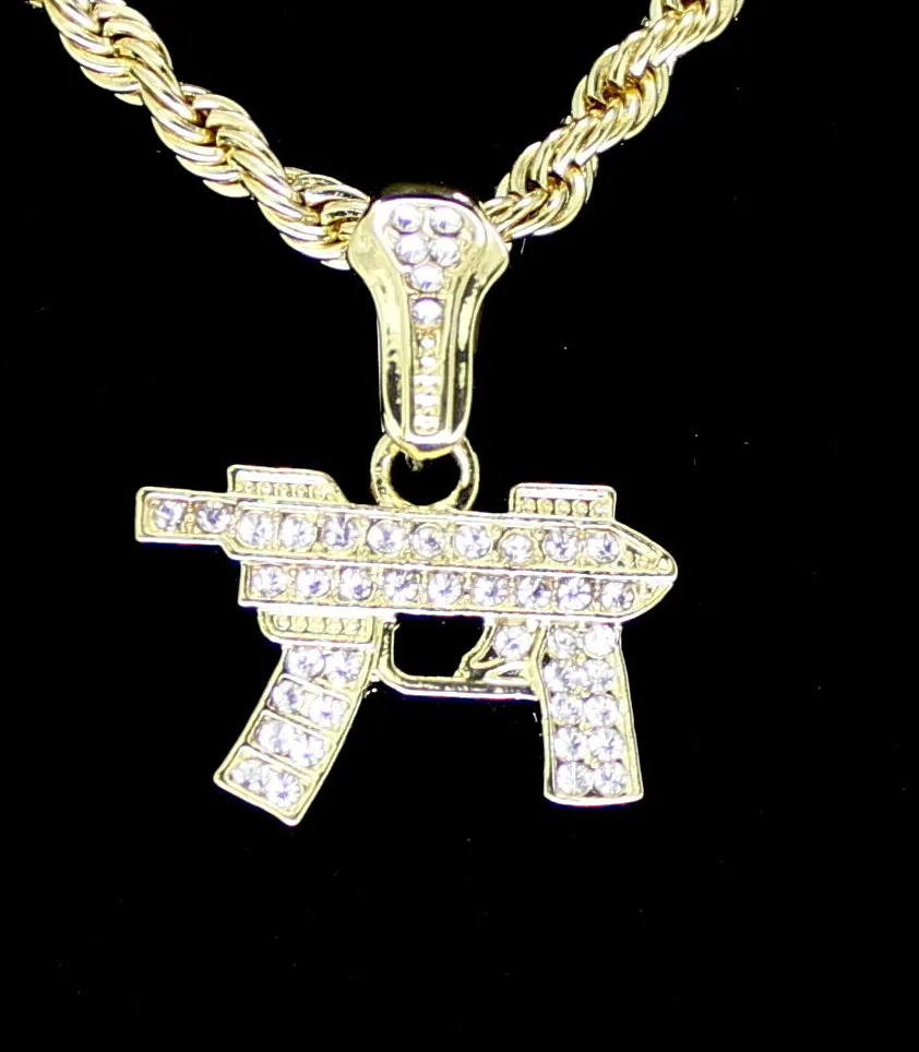 Authentic Mini Machine Gun CZ Pendant 14k Gold Plated 24" Rope Chain Necklace Hip Hop