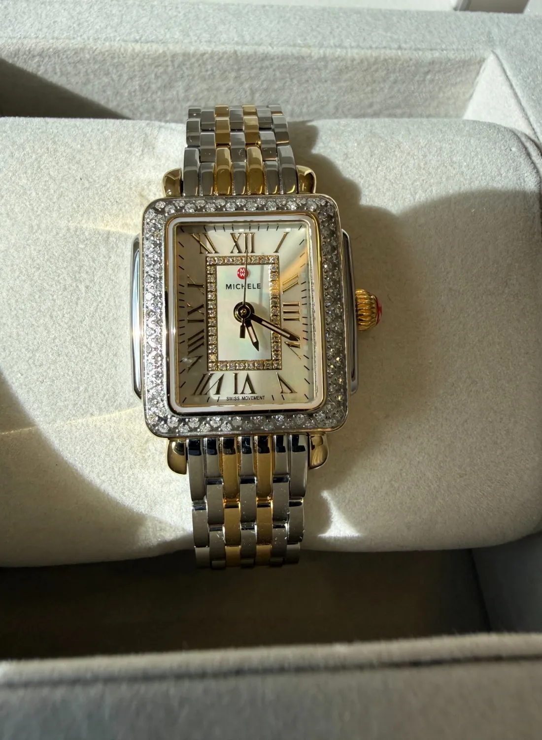 Authentic Michele Deco Madison Mini Diamond Two-Tone 18K Gold-Plated Watch New in Box