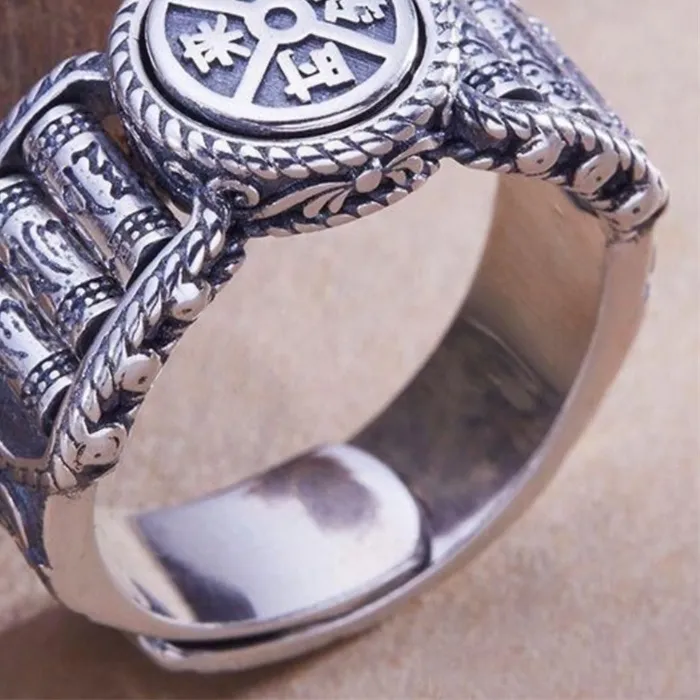 Authentic Ethnic Style Six Character Great Ming Mantra Beads Ring Jewelry Lucky Fortune Compass Ring Male Index Finger Accessories