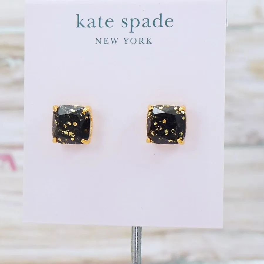 Authentic NWT Kate Spade Mini square Black Gold glitter studs earring Gold Plated