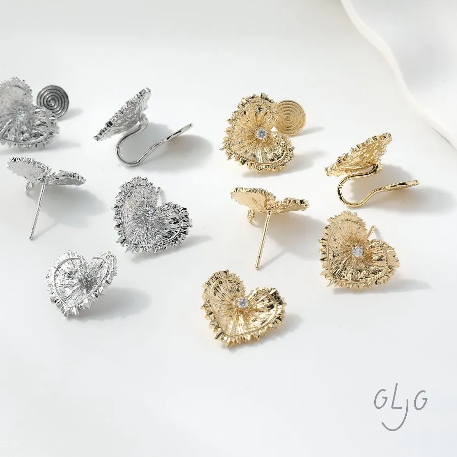 Authentic 4PCS Heart Charms Stud Earrings Ear Clip Diy Connectors Jewelry Making Findings Supplies 14k Gold Plated 16*14mm