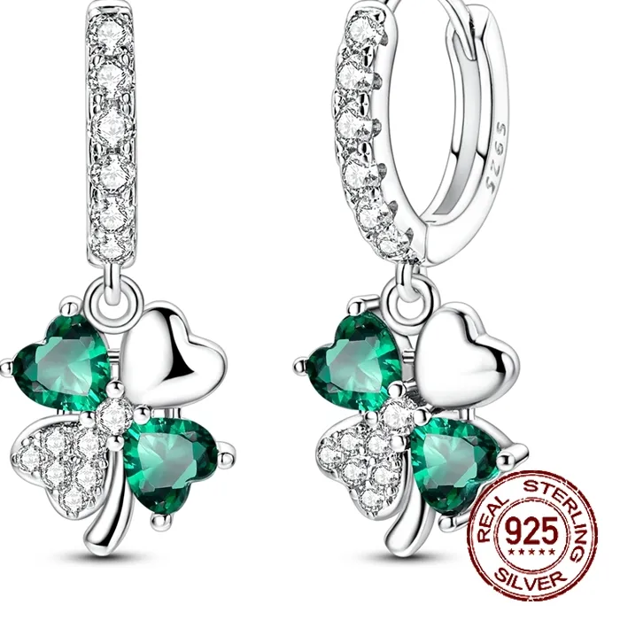 Authentic 925 Sterling Silver Four Leaf Clover Dangle Hoop Earrings Green Huggie Hoops Paved CZ Lucky Earrings for Women Jewelry Gifts