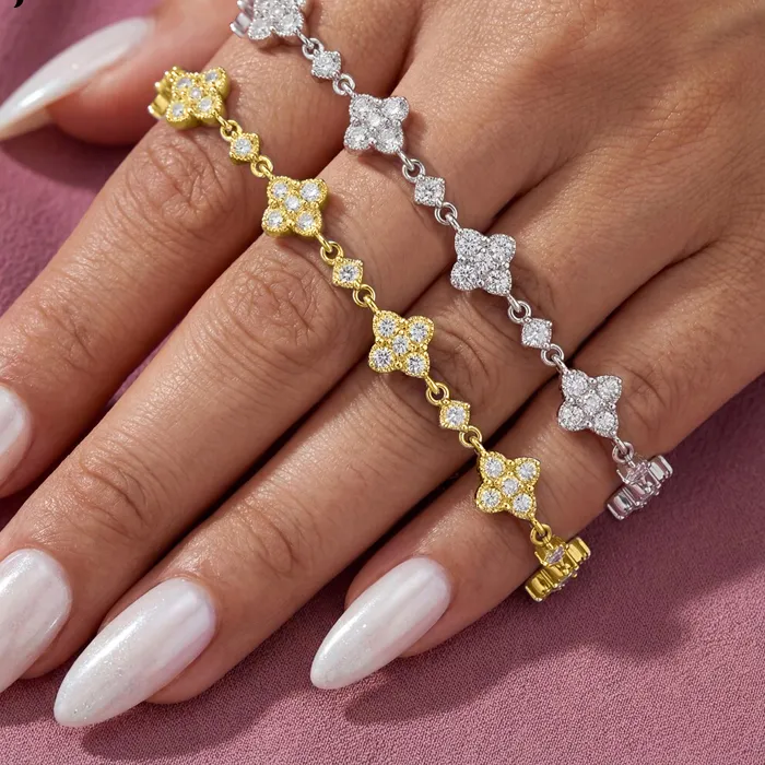 Authentic Rrjzz Round D-Color 3mm 2.5mm 2mm Full Moissanite Clover Lucky Bracelet Four Leaf Flower Beaded Bracelet for Women Jewelry Gifts