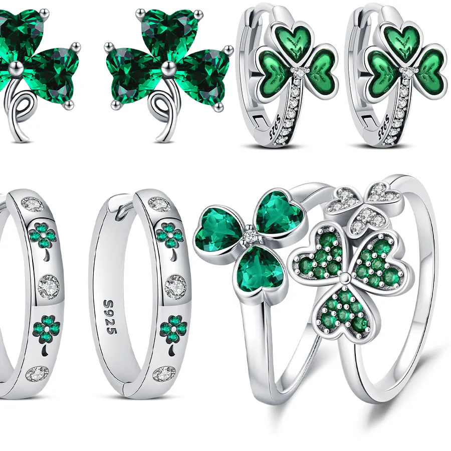 Authentic 925 Sterling Silver Four Leaf Hoop Earring Clover Ring Jewelry Making For Bracelet Women Jewelry St. Patrick's Day