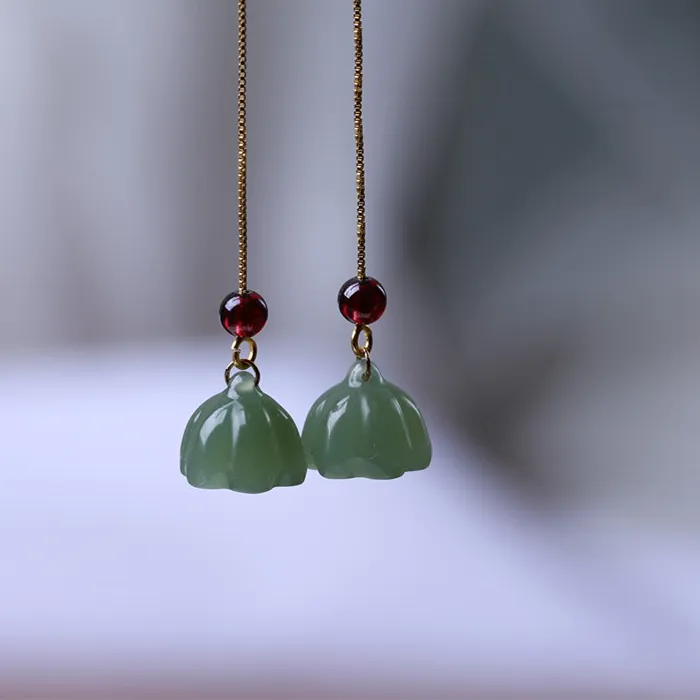 Authentic Whispers of the Sacred Lotus: Hetian Jade and Garnet Ear Threads