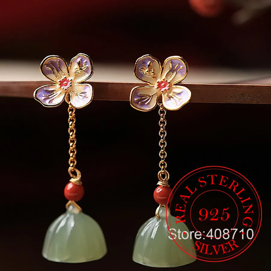 Authentic 925 Sterling Silver Jewelry Natural Jade Lotus Seed Pod Long Tassel Flower Stud Earrings Jewelry