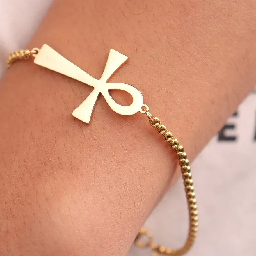 Authentic Minimalist Ancient Egypt Ankh Bracelet for Women Gold Color Cross Wrist Chain Bangle Vintage Egyptian Jewelry