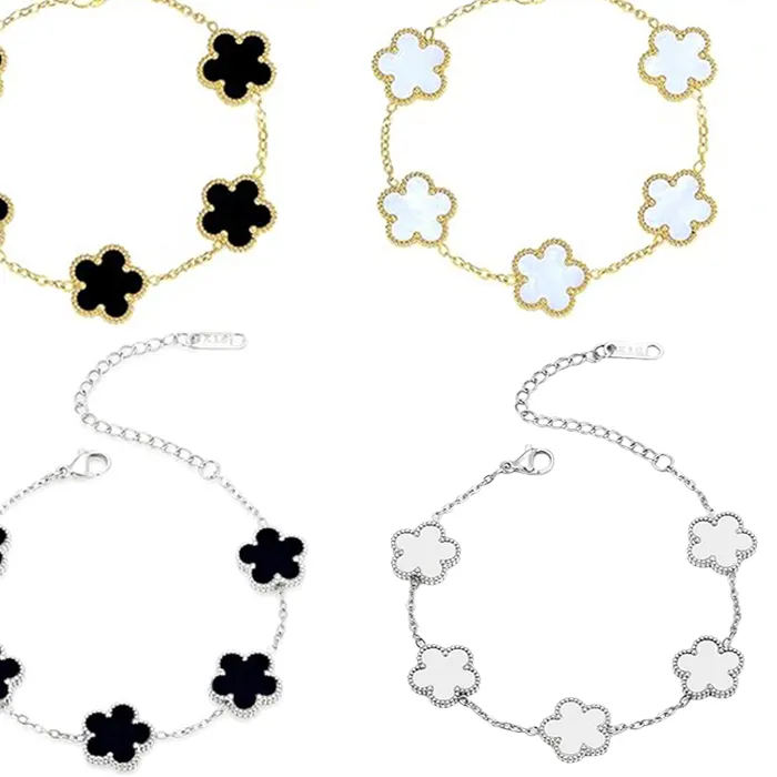 Authentic Lucky Clover Women's Hand Bracelets Double Sided Flowers Jewellery Gifts Stainless Steel Bracelet Gold Plated Bracelets Man