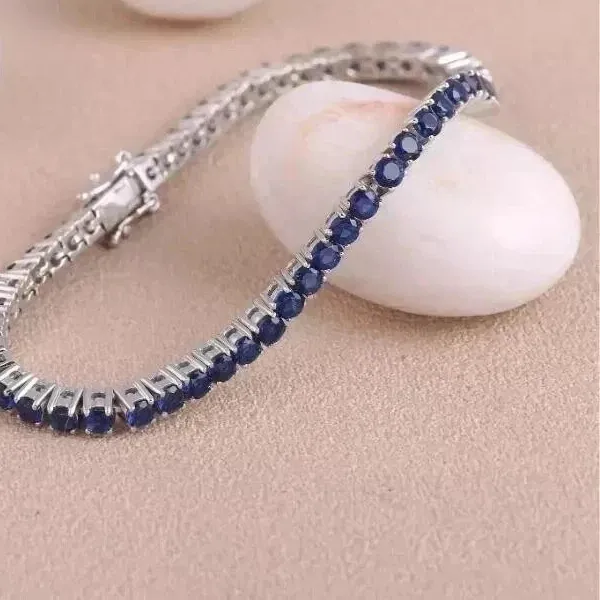 Authentic 9Ct Round Simulated Sapphire Engagement Tennis Bracelet 14K White Gold Plated