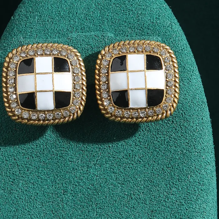 Authentic Black And White Checkerboard Pattern Earrings For Woman Antique Art Deco Jewelry Gold Color Designer Brand