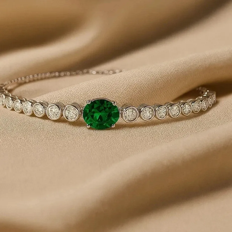 Authentic 5 Ct Oval Simulated Emerald 7.5" Women Tennis Bracelet 14K White Gold Plated