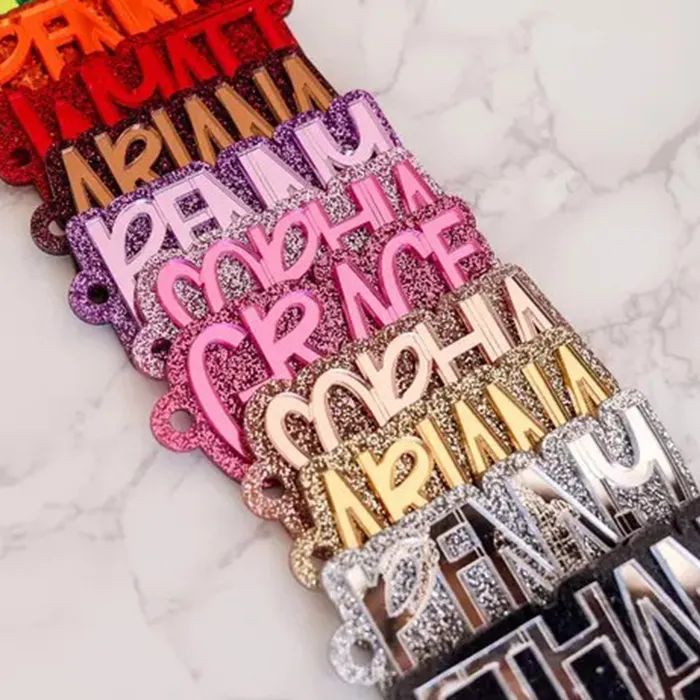 Authentic Colorful Shiny Plate Name Custom Acrylic Keychain Double Layers 3D Diy Nameplate Label Tag Keyring Bag
