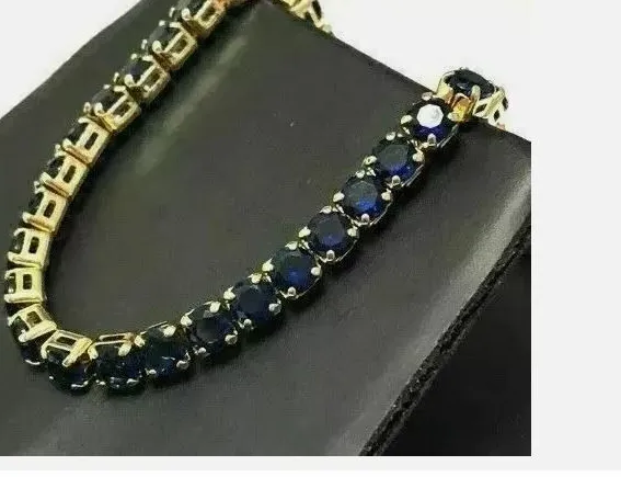 Authentic 14K Yellow Gold Plated Lab-Created 12Ct Round Cut Sapphire Men's Tennis Bracelet
