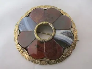 Authentic The Highland Sentinel: Antique Scottish Agate and Slate Gold-Plated Brooch
