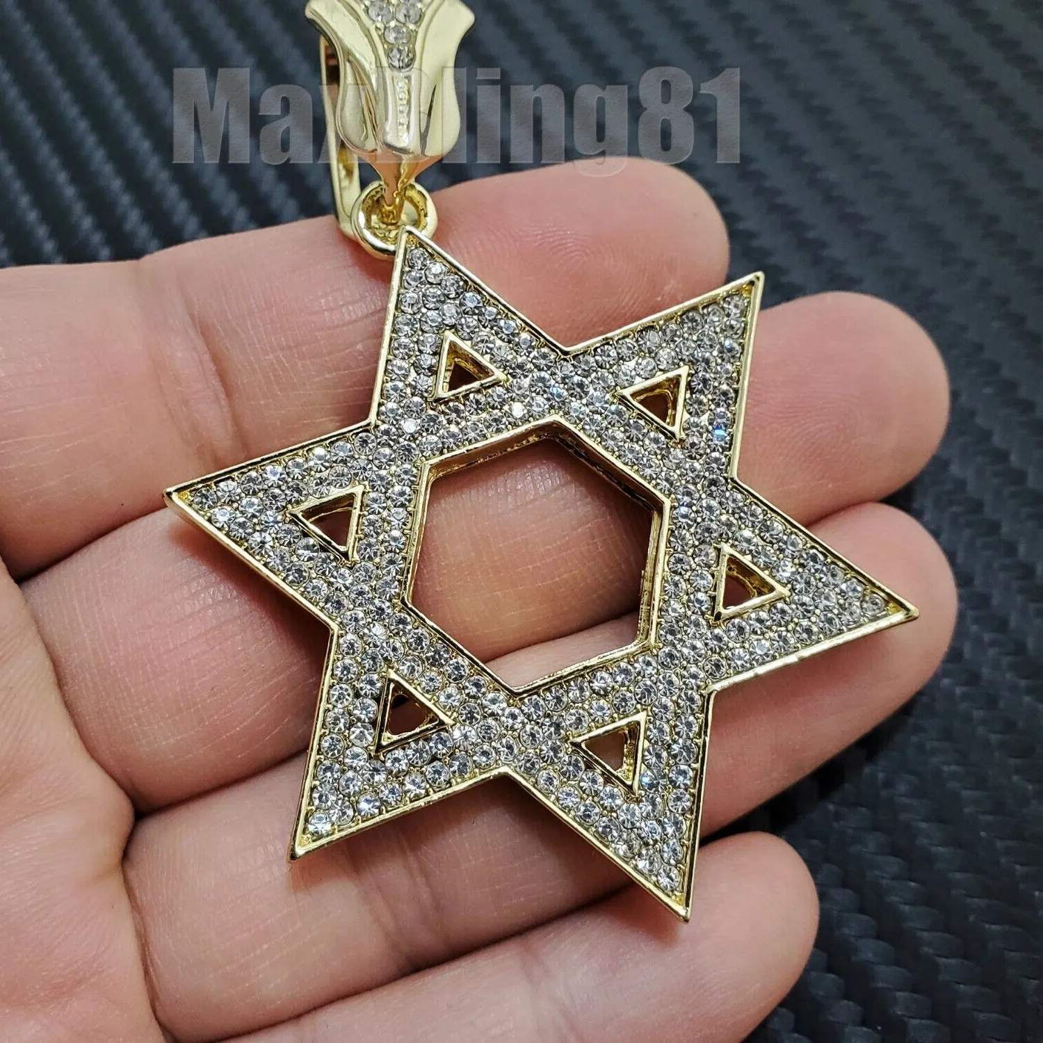 Authentic Iced Cubic Zirconia Gold Plated Star of David Charm & 10mm Cuban Chain Necklace