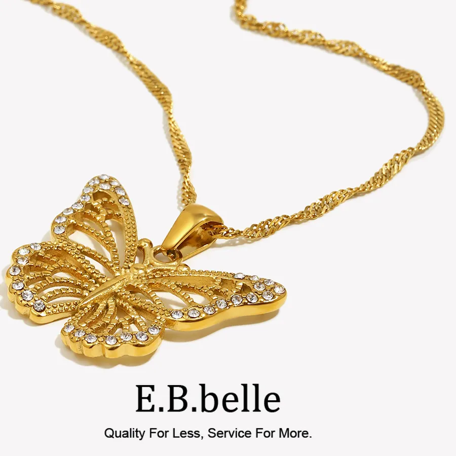 Authentic E.b.belle Jewelry 18K Gold Plated 3A Zircon Stone Butterfly Pendant Necklace Crystal Butterfly Necklace