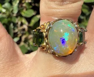 Authentic The Celestial Gaze: Ethiopian Opal and Dioptase Sacred Gold Ring