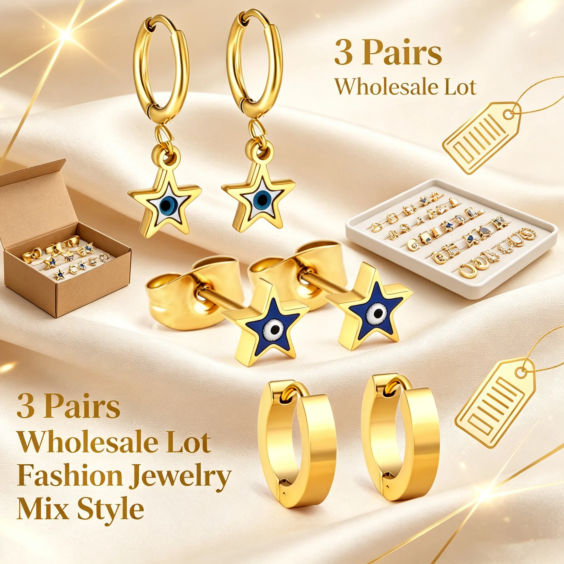 Authentic Supply 3Pairs Evil Eye Star Earrings Gold Enamel Nazar Eye Dangle Hoop Stud Huggie Ear Jewelry