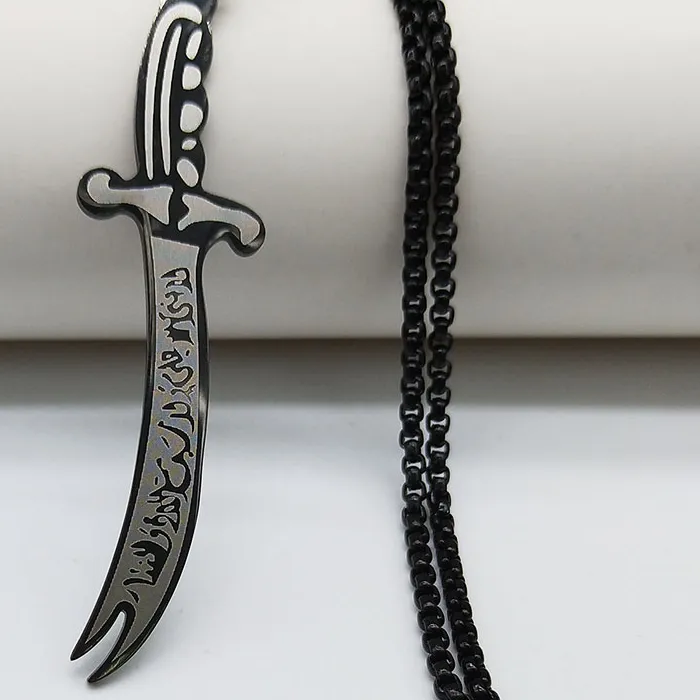 Authentic Islam Imam Ali Zulfiqar Sword Allah Knife Chain Men Necklace Black Islamic Muslim Pendant Neck Jewerly N437