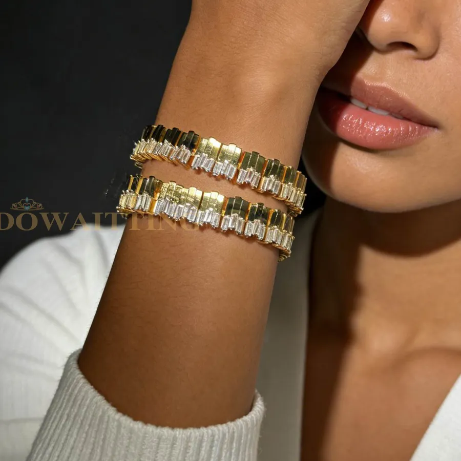 Authentic 2026 Geometric Rectangle Shpaed Plain CZ Charm Tennis Chain Women Bracelet Gold Color