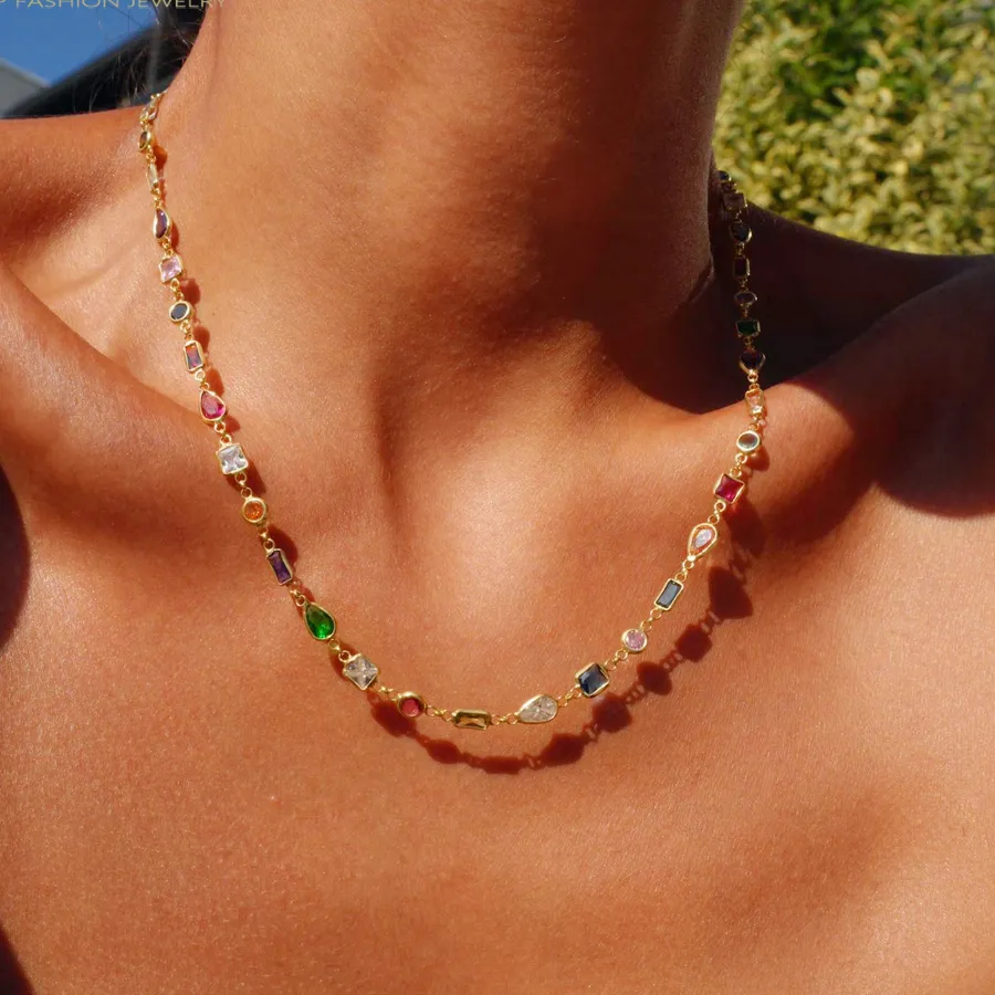 Authentic 2025 Gold Color Colorful Rainbow Charm Necklace Cubic Zirconia CZ Geometric Tennis Chain Choker Women Jewelry