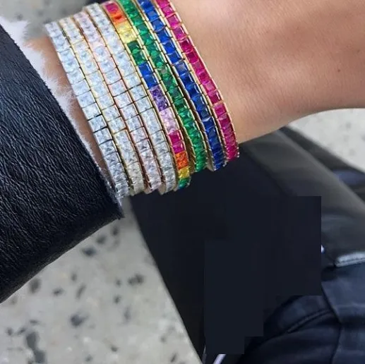 Authentic Creative Gifts Rainbow Bracelet & Bangles Fashion Square CZ Tennis Chain Gold Filled Fashion Jewelry Chic Multi Color Zircon NEW