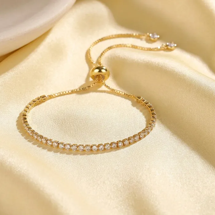Authentic 14K Gold Plated Tennis Bracelet Adjustable Slide Pull Bracelet Full Paved Round Cubic Zirconia Dainty Women Stackable Wrist Jewelry