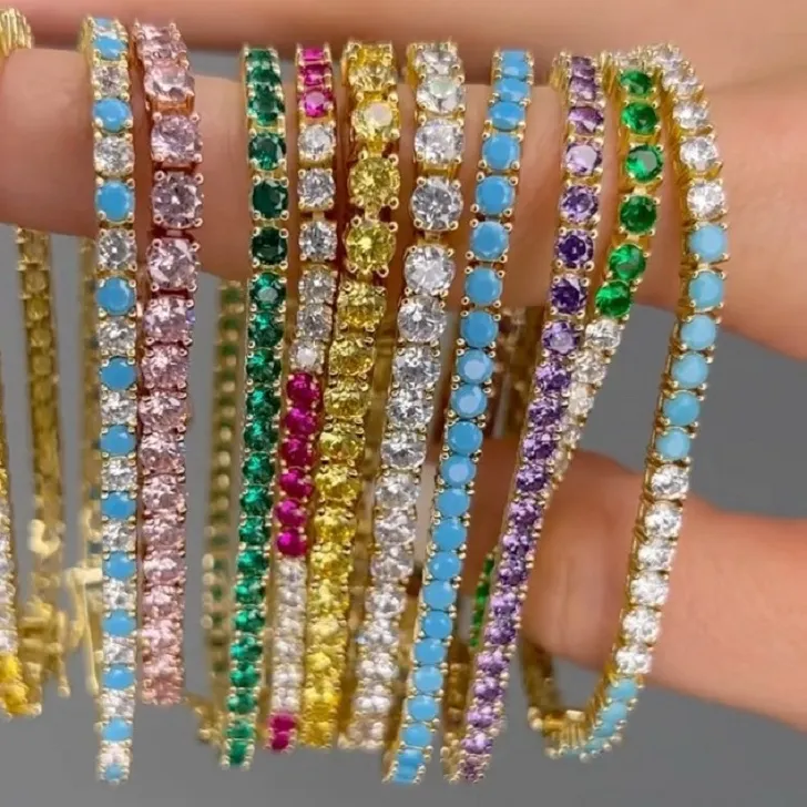 Authentic Arrived Women Jewelry Gold Color High Quality 5A Cubic Zirconia Colorful CZ Tennis Chain Bracelet