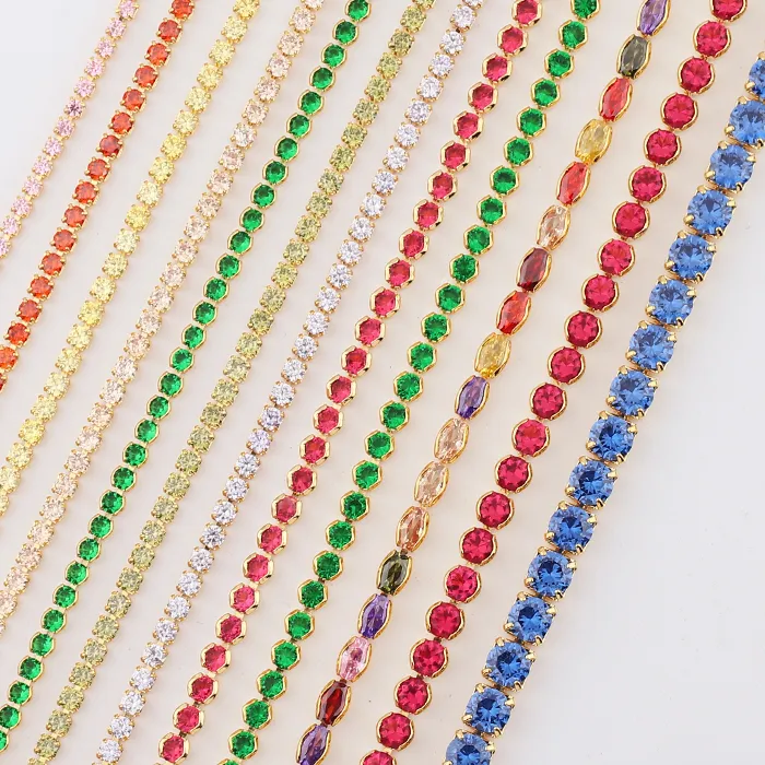 Authentic Gold Color 1 Row Shiny Colorful Neon Rainbow Iced Out Zircon Charm Thin CZ Tennis Chain 33+7CM Women Choker Necklace