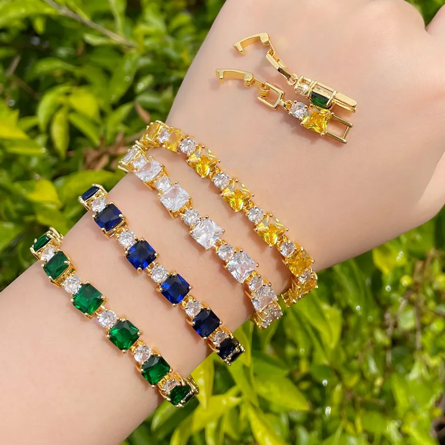Authentic CWWZircons Trendy Yellow Green Blue Cubic Zircon Crystal Gold Color Square Tennis Bracelet for Women Wedding Party Jewelry S0181
